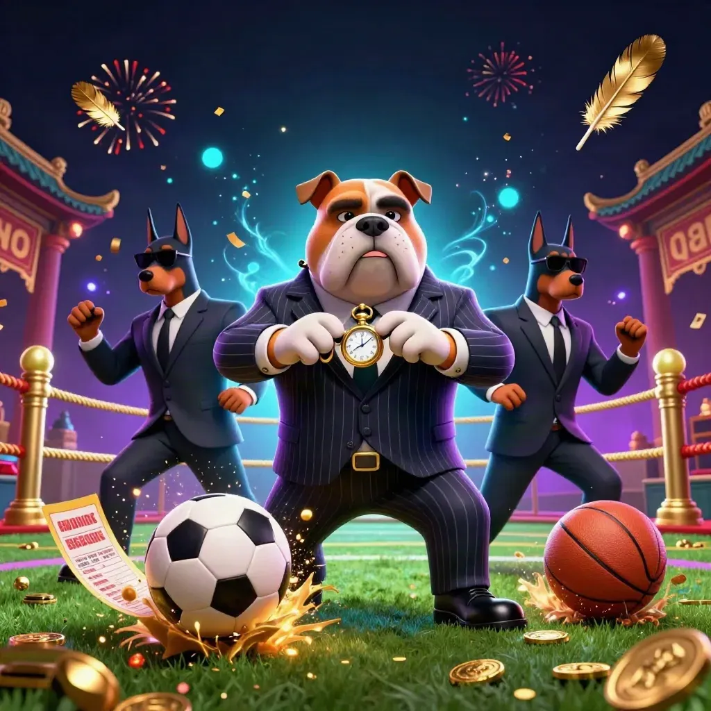 Bulldog mafia kartun dengan dua doberman, bola, koin emas, dan efek neon futuristik.