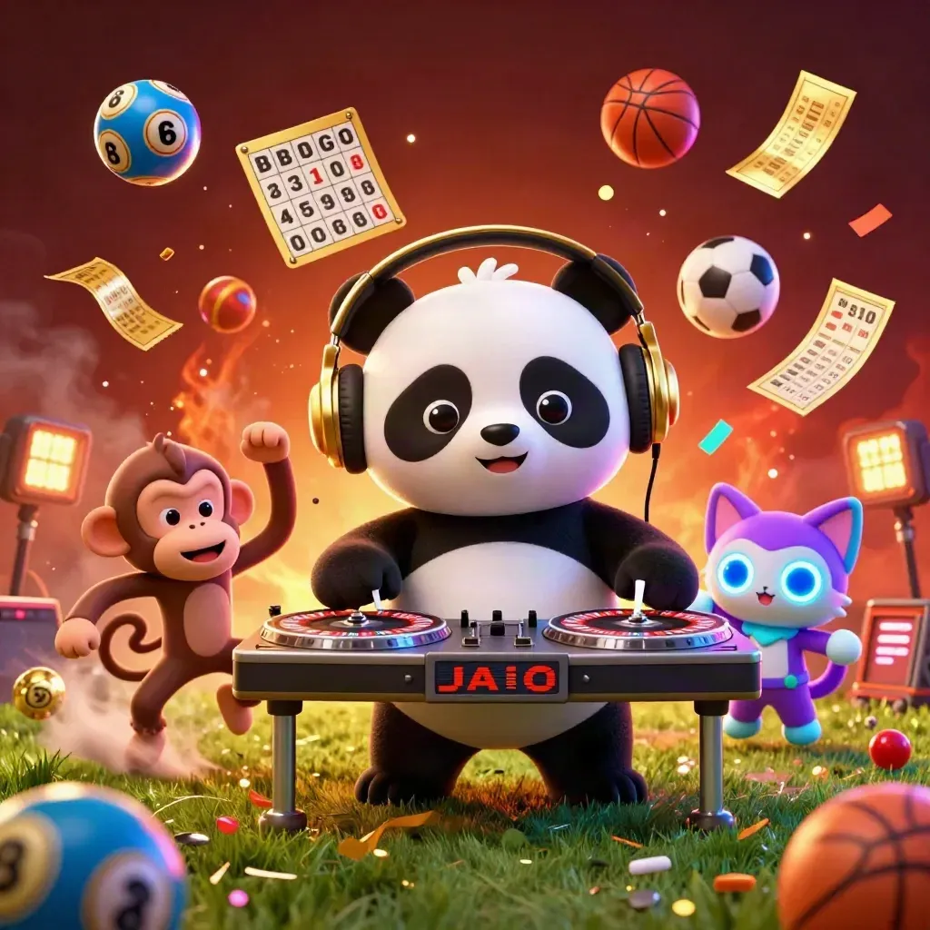 Panda DJ, monyet, dan kucing rave di ledakan emas-neon dengan bola dan tiket melayang.