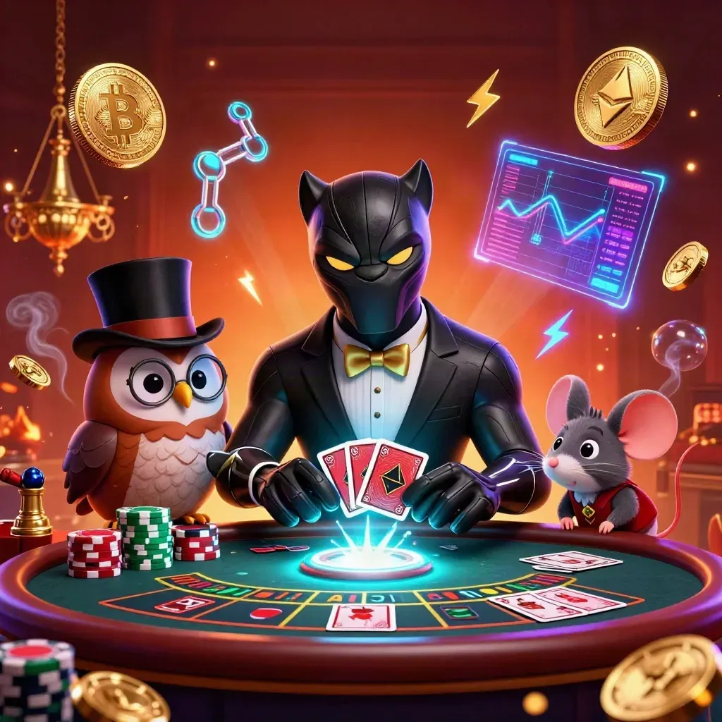 Panther, burung hantu, dan tikus di kasino futuristik dengan koin kripto dan cahaya neon.