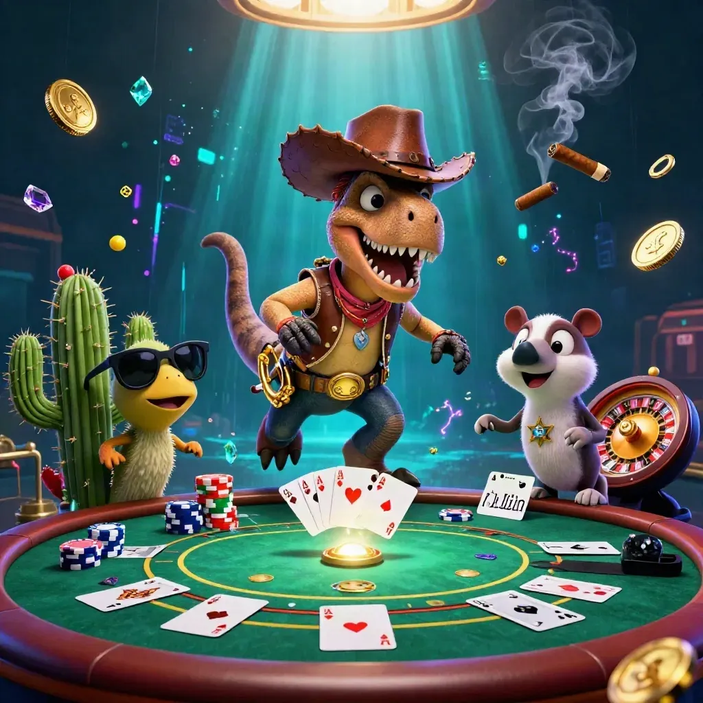 T-Rex koboi, kaktus, dan roadrunner di meja kasino neon dengan chandelier dan kilau emas.