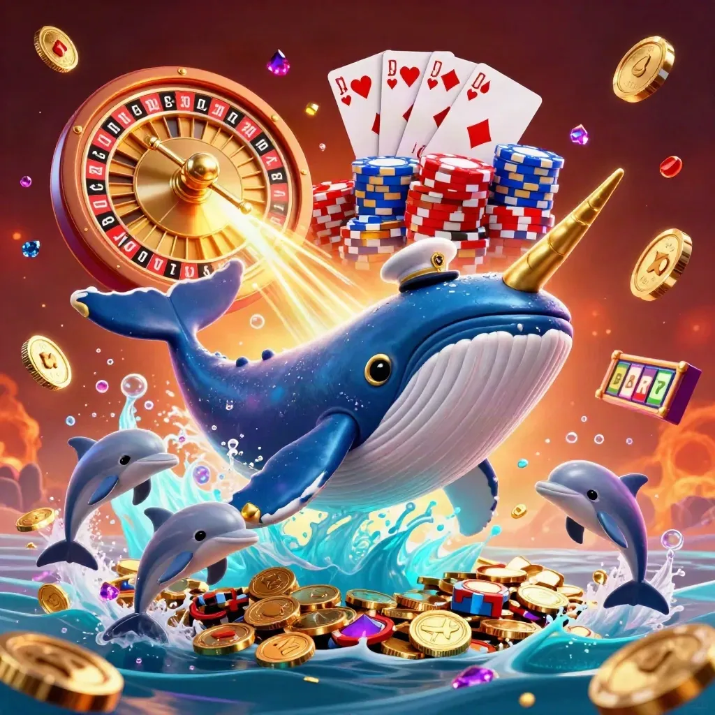 Paus kapten, narwhal, dan lumba-lumba di lautan koin neon dengan permata dan chip