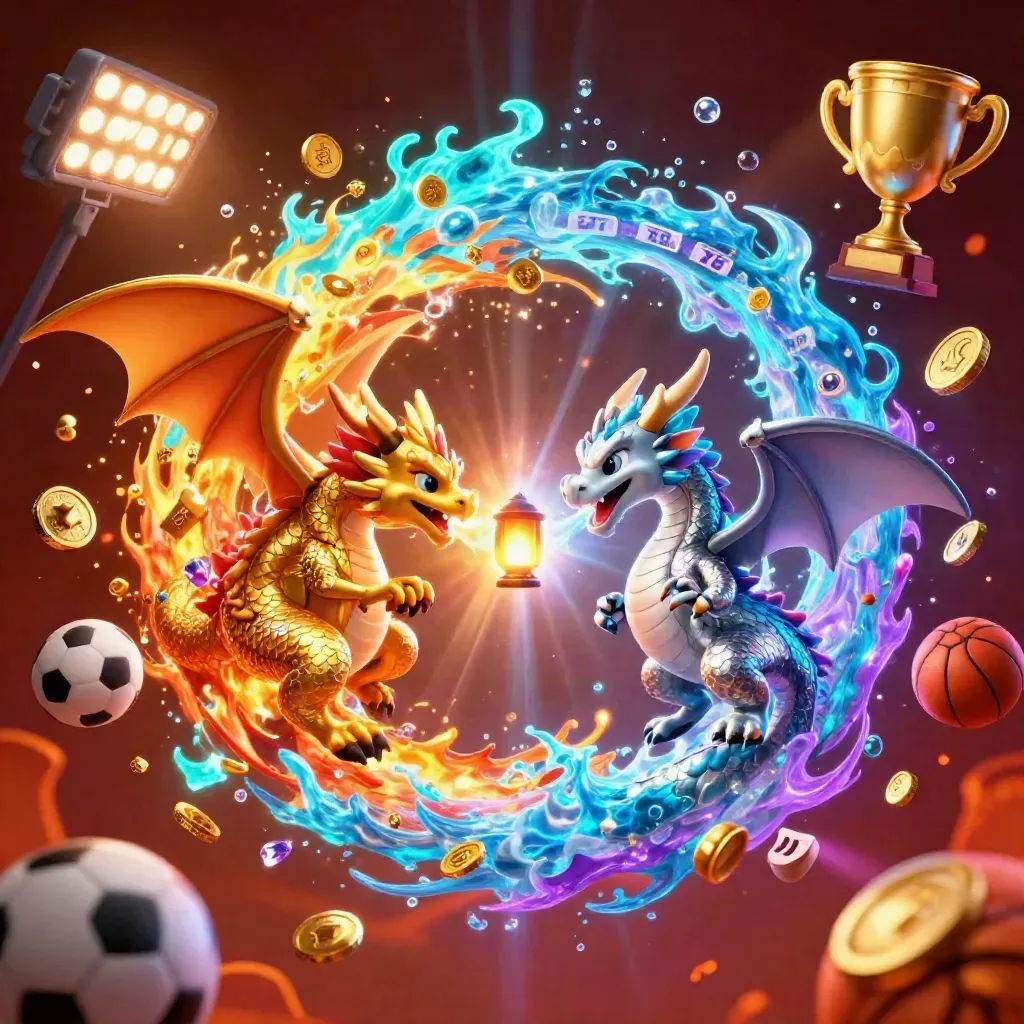 Dua naga emas dan perak berputar, meniup api dan es, dikelilingi bola, trofi, koin, dan kilau neon.