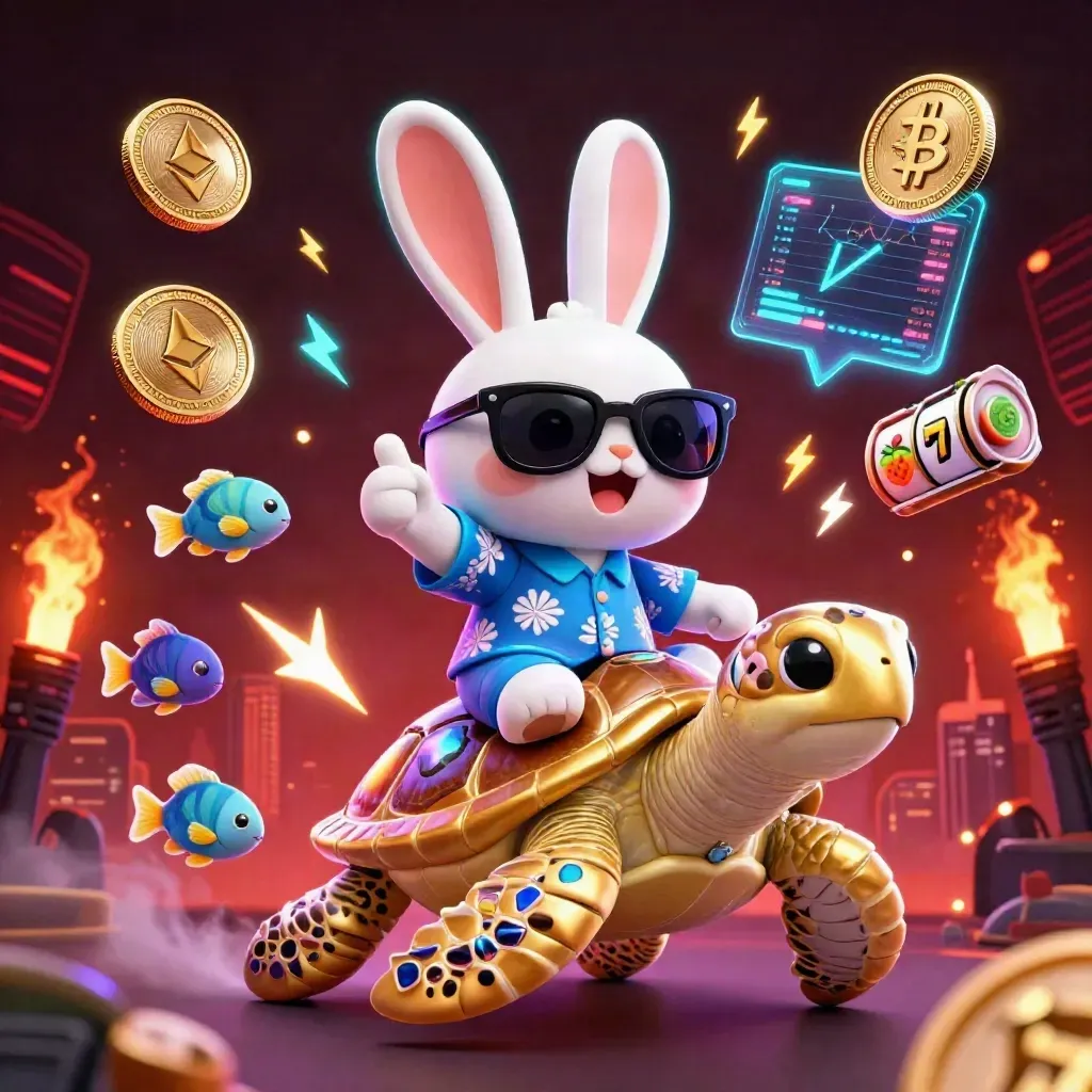 Kelinci kartun naik kura-kura emas, dikelilingi koin kripto dan efek neon futuristik.