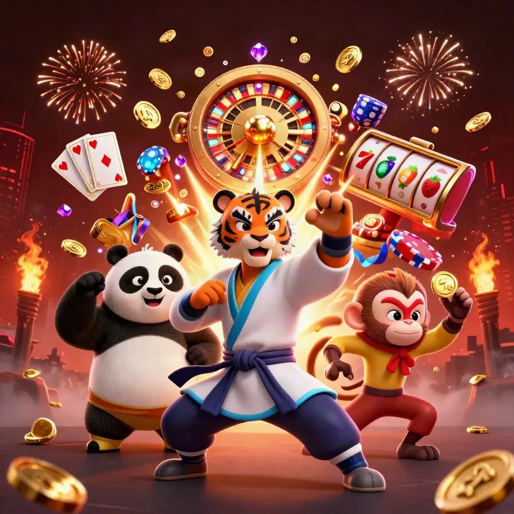 Harimau kung-fu, panda, dan monyet di tengah ledakan koin emas dan slot futuristik.