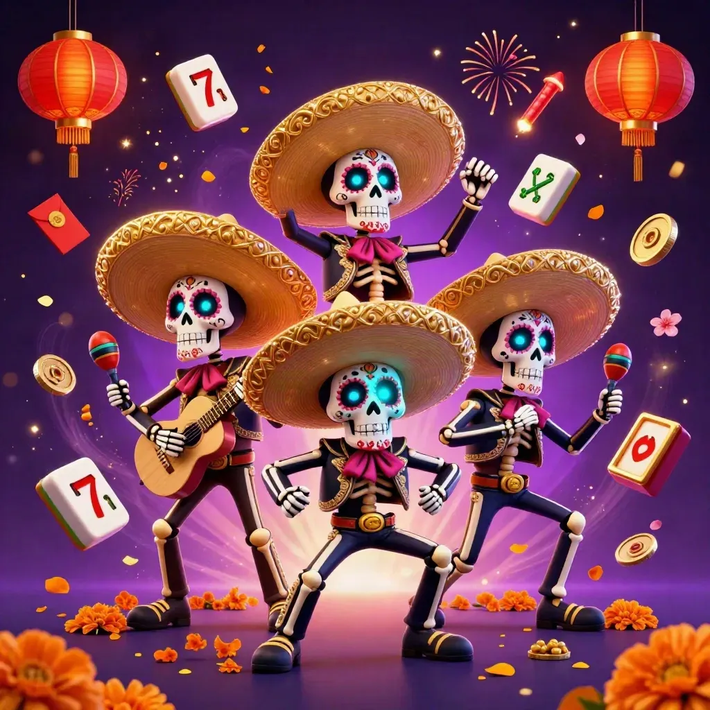 Tiga skeleton mariachi 3D futuristik dengan mahjong, lampion, dan kilau neon di latar gelap.