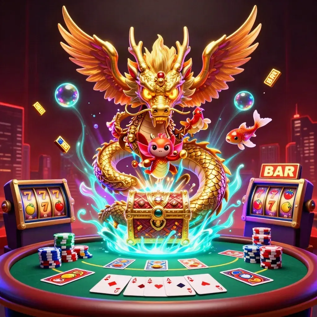 Naga emas melingkar di peti harta, phoenix merah, koi, dan elemen slot neon.