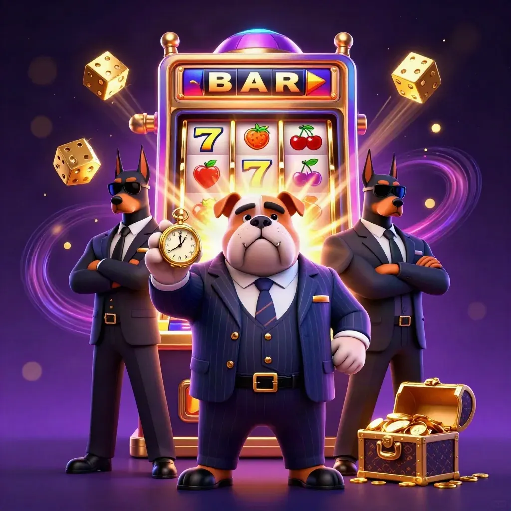 Bulldog bos mafia 3D dan dua doberman di depan mesin slot meledak emas-neon.