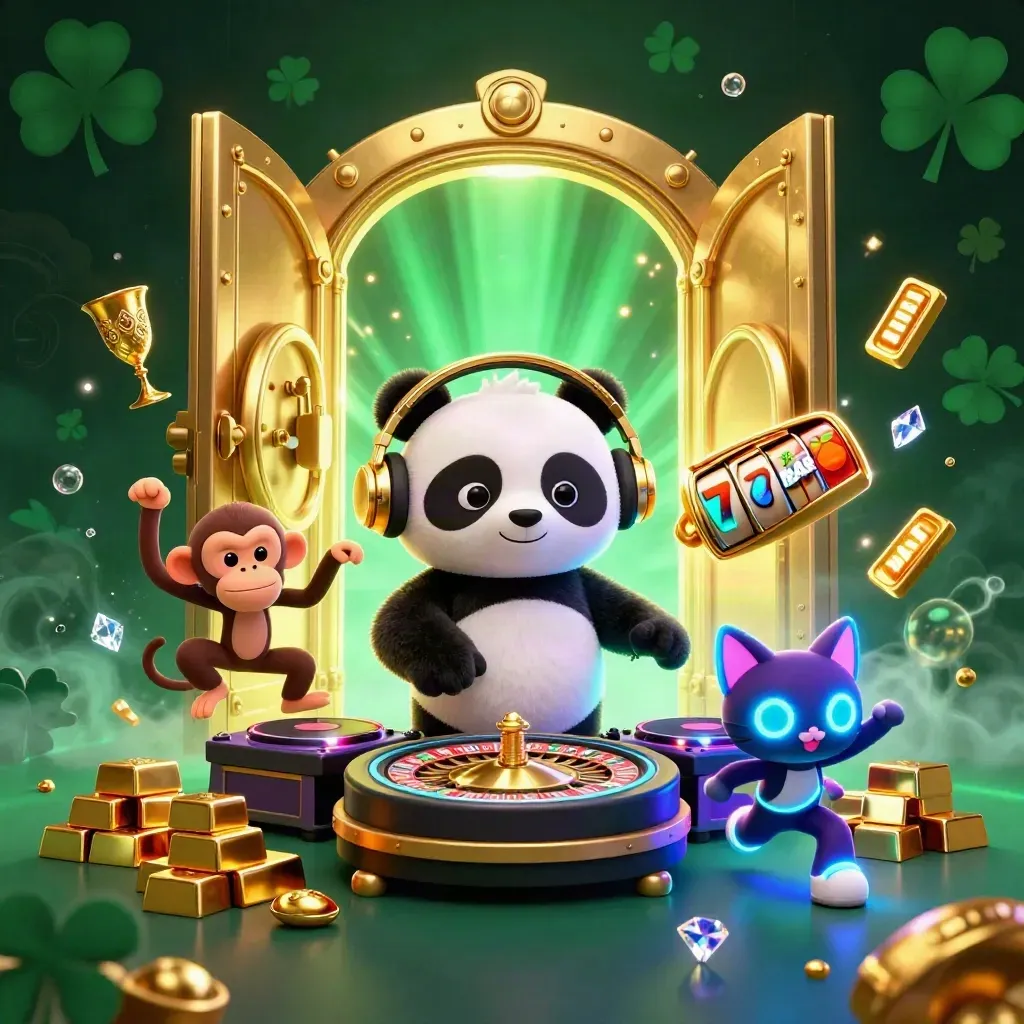 Panda DJ, monyet breakdance, dan kucing rave di depan brankas emas bercahaya.