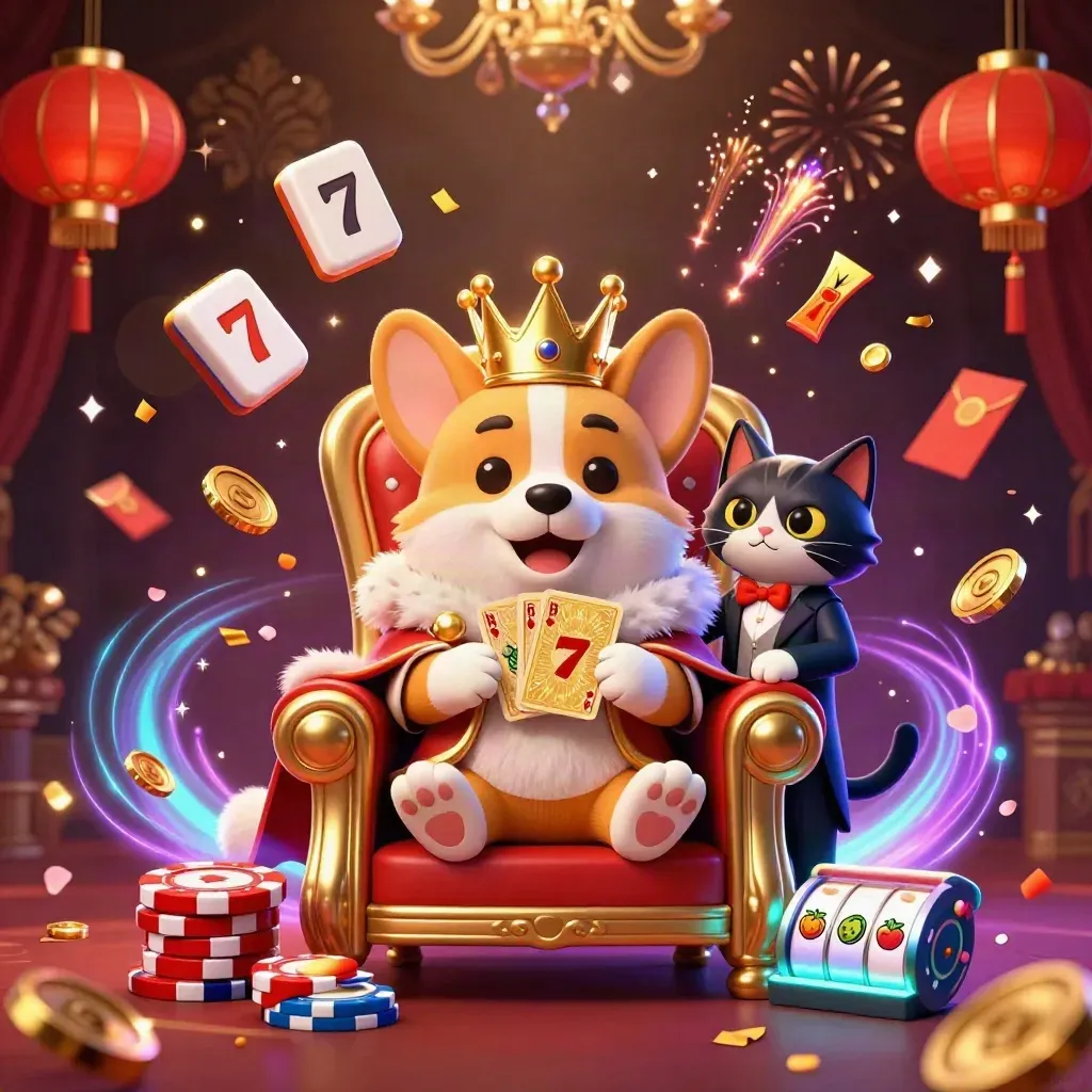 Kucing corgi raja dan butler kucing dikelilingi ubin, koin jade, lentera, dan efek neon.