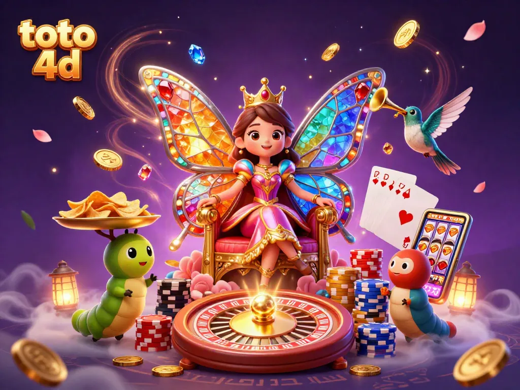 Menang dengan toto 4d, ilustrasi seru dari ratu kupu-kupu dengan elemen kasino.