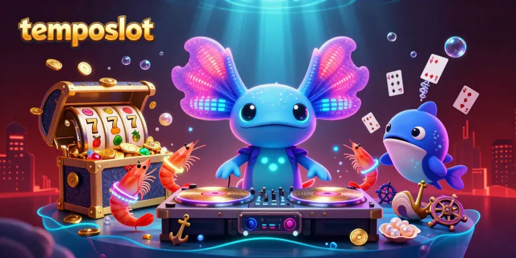 Experience winning with temposlot as a neon axolotl DJ spins slot wonders underwater.