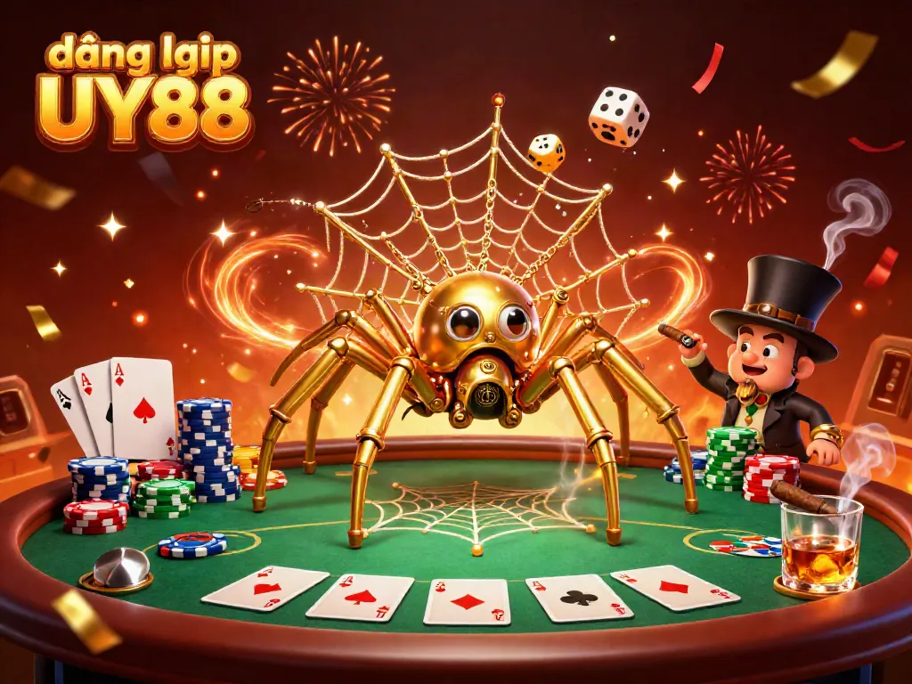 Experience thrilling excitement with đăng nhập UY88 as the golden spider captures luck in a vibrant casino scene.