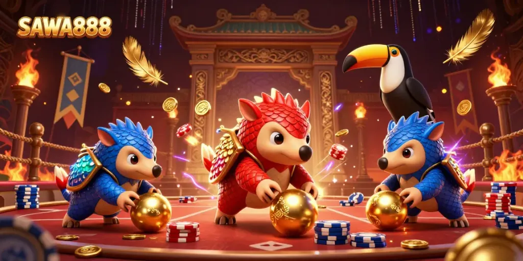 SAWA888 pangolins bowling through poker chips illustrate a dynamic online gaming experience.