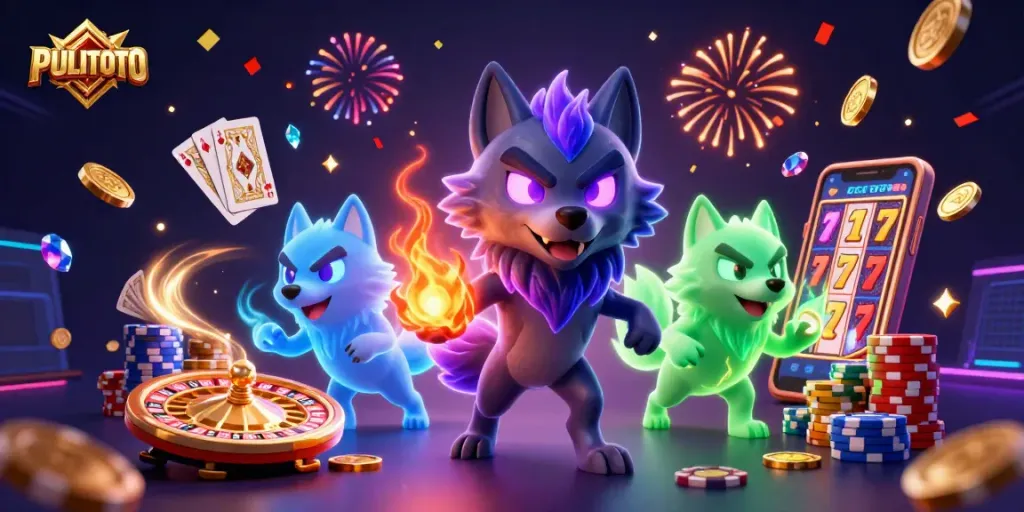 PULITOTO features a thrilling scene with vibrant 3D wolves celebrating casino wins amidst cascading coins and roulette.