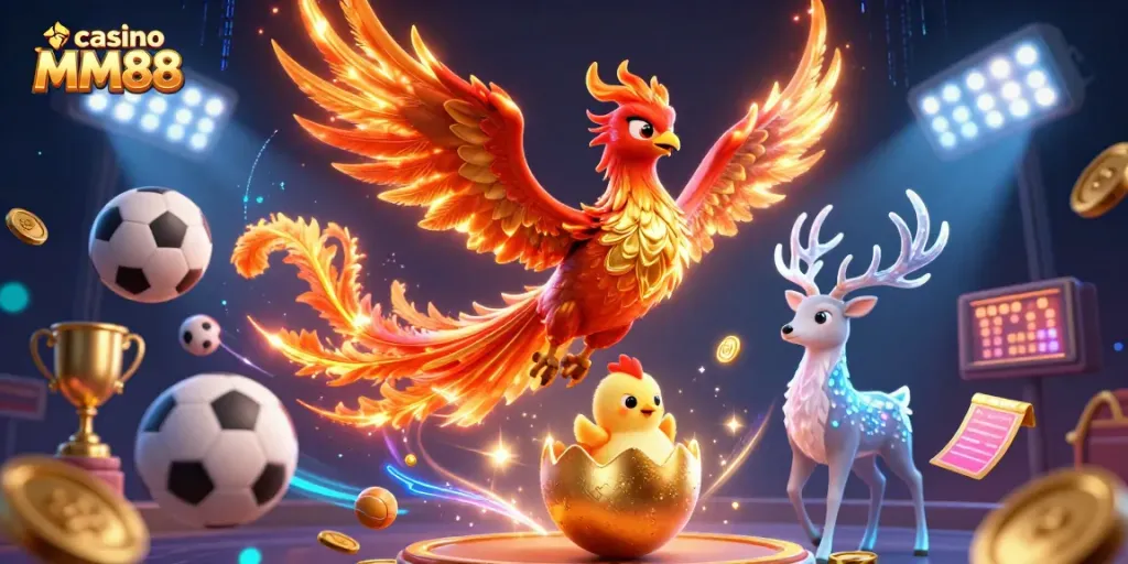 Experience the excitement of casino MM88 with vibrant illustrations of a phoenix and dynamic gaming elements.