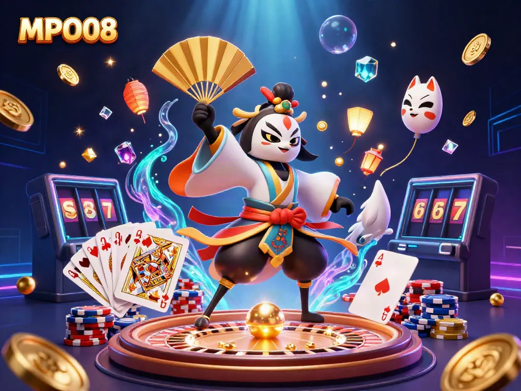 MPO08 showcases a vibrant casino scene with kabuki characters, golden coins, and exciting game elements.
