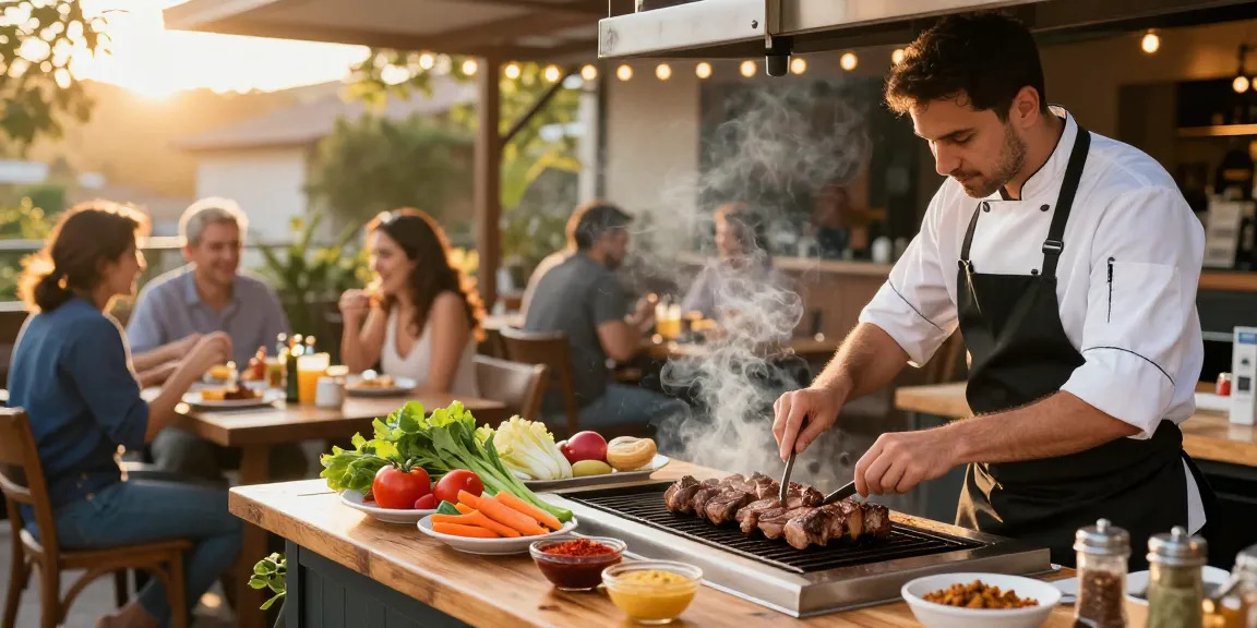 Pengalaman masakan luar ruangan dengan chef BBQ di restoran, menyiapkan hidangan BOS 88 yang menggugah selera.
