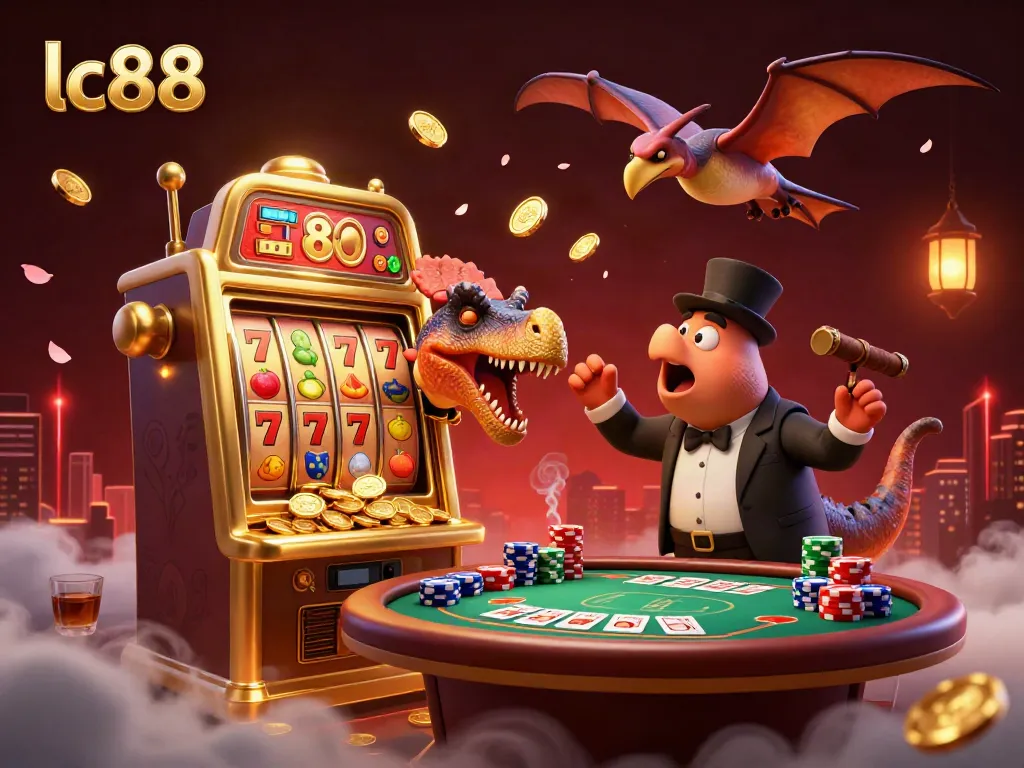 Experience the thrilling lc88 jackpot as a dinosaur hits a golden slot machine amidst coins and casino chaos.