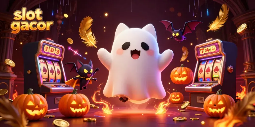 Spin the slot gacor reels in an enchanted haunted casino world with glowing characters and vibrant elements.
