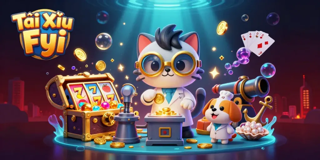 Tài Xỉu Fyi scene with a cartoon scientist cat creating gold coins, vibrant slot machines, and treasure underwater.