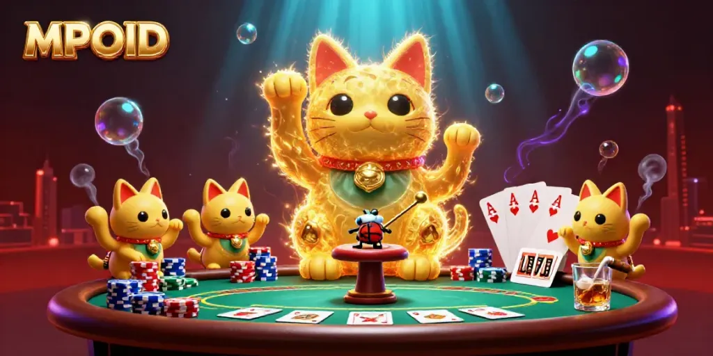 Experience the magic of MPOID with a vibrant representation of casino elements and a lucky cat.