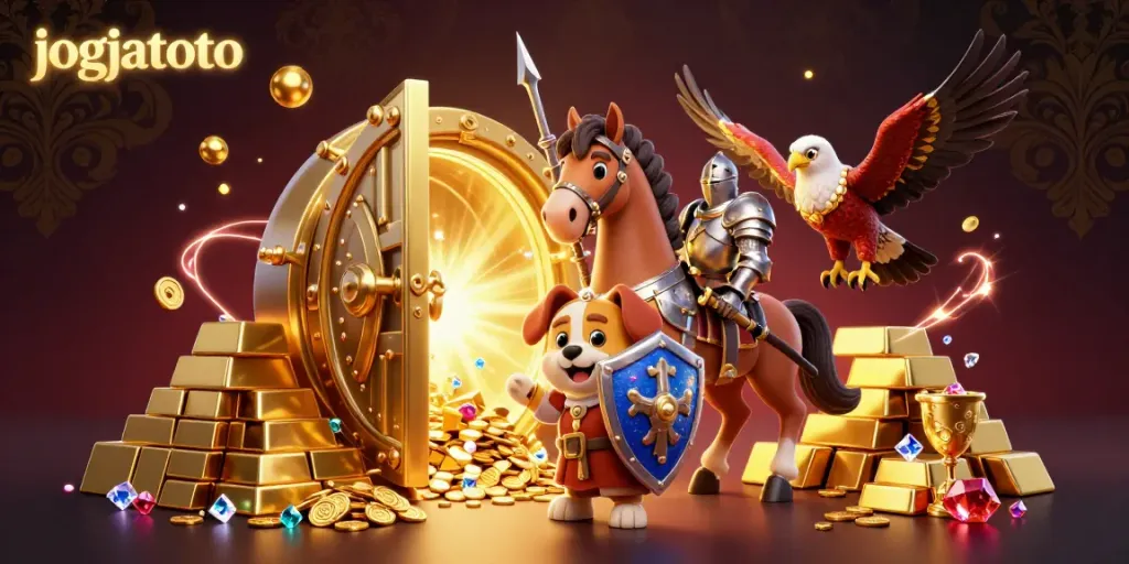 Experience thrilling wins at jogjatoto with a 3D illustration of casino elements and animated characters.