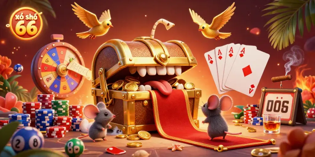 Engage in thrilling xổ số 66 lottery experiences with dynamic visual elements and a treasure-themed atmosphere.