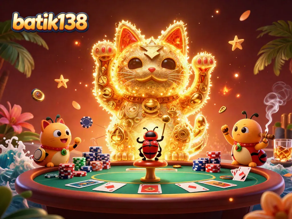 Mengguncang permainan di batik138, simbol kasino bertabur cahaya menarik dan chip poker menanti kemenangan.