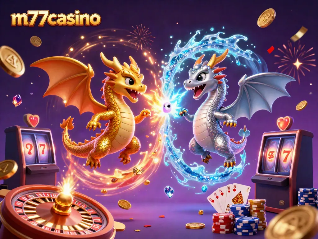 m77casino, pertarungan naga emas dan perak di kasino dengan efek magis dan koin berkilau