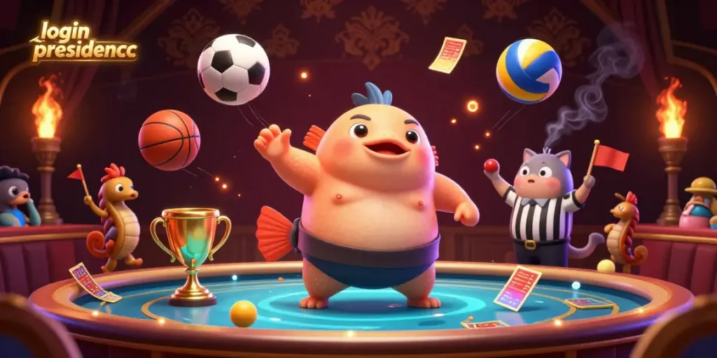 Engage with the action in this vibrant underwater casino scene showcasing login presidencc, featuring a fugu, referee, and sports balls.