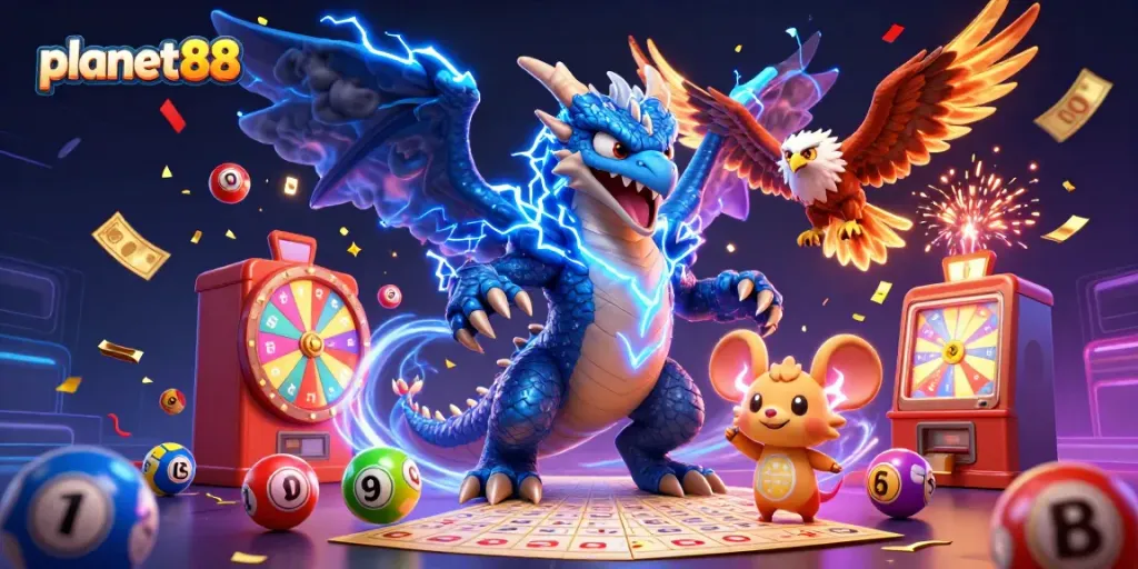 Engage in thrilling wins with planet88's vibrant lottery scene featuring dynamic elements and energetic characters.
