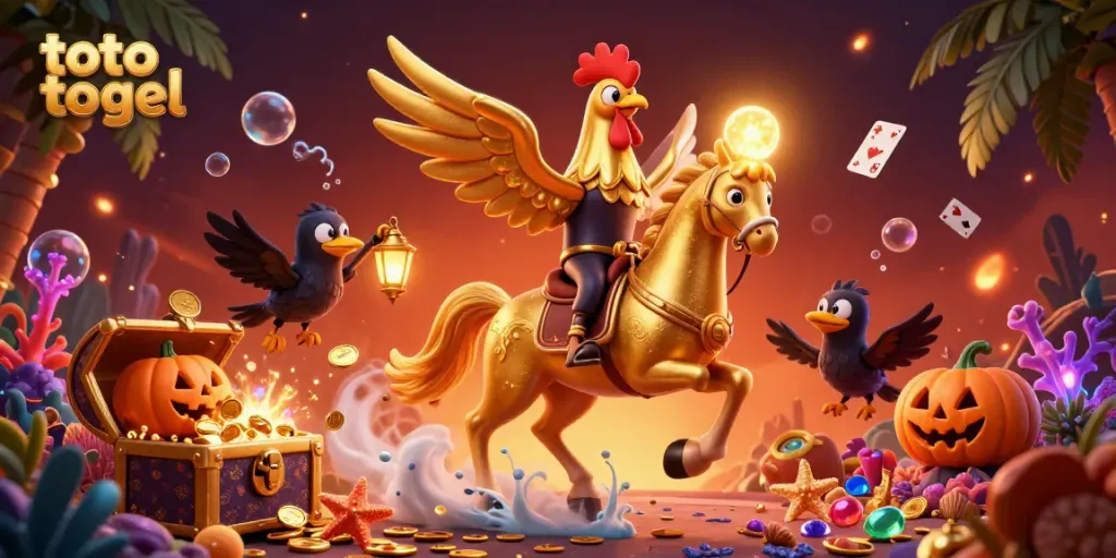 Experience the thrill of toto togel in a vibrant casino setting with golden rooster characters and treasure elements.