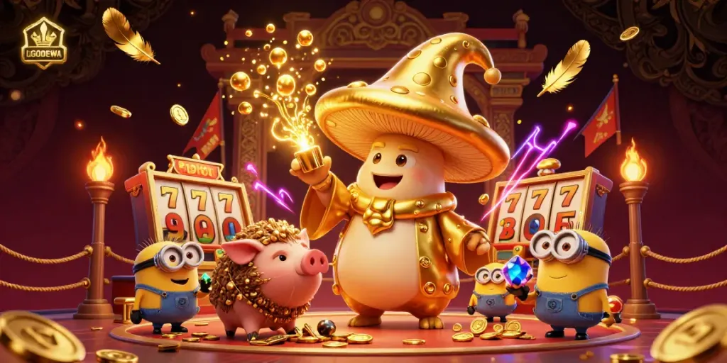 Experience the magic of LGODEWA with a golden mushroom wizard and sparkling casino treasures.
