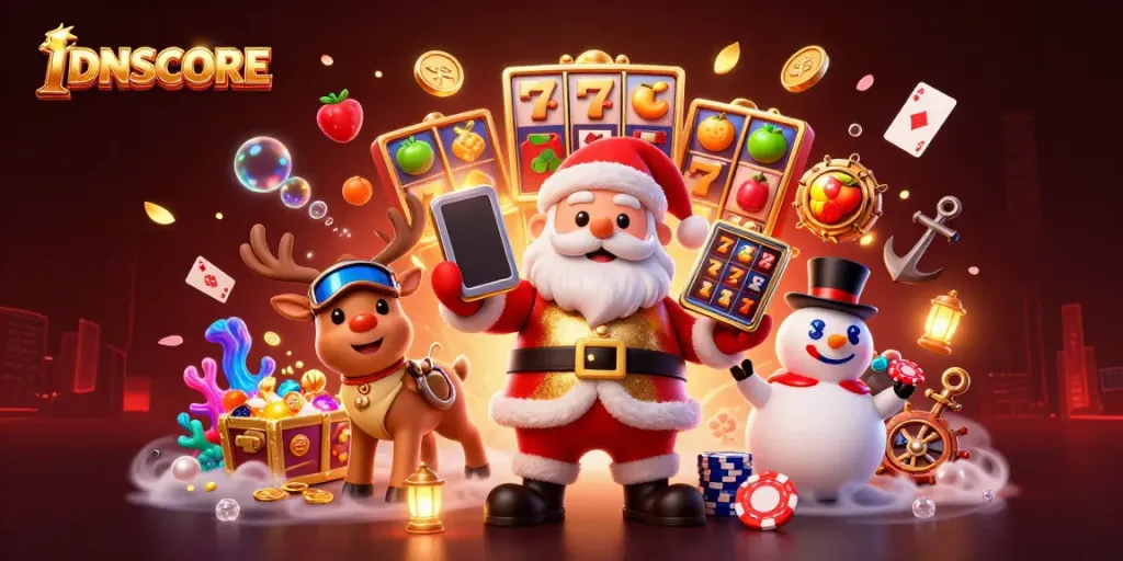 IDNSCORE showcases Santa Claus and friends celebrating winning slots with vivid casino imagery.
