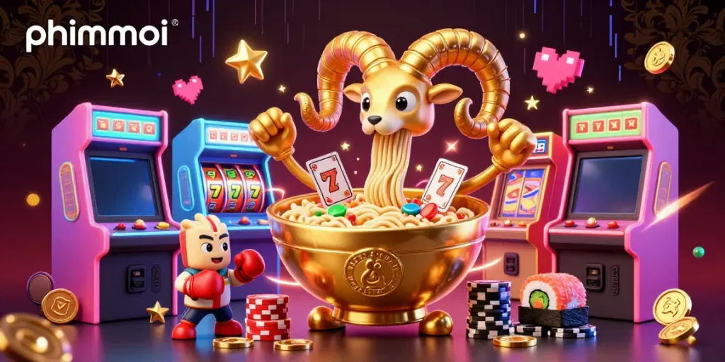 Experience the exciting world of phimmoi's casino with vibrant slot reels, a giant ramen bowl dealer, and dynamic game elements.