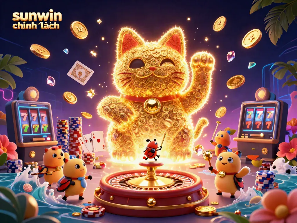 Experience the vibrant world of sunwin chính hãng through a dazzling illustration of lucky symbols and gaming excitement.