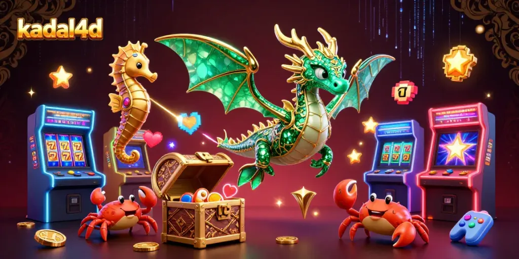 Engage with kadal4d adventures as emerald sea dragons and crabs animate a vibrant casino scene.