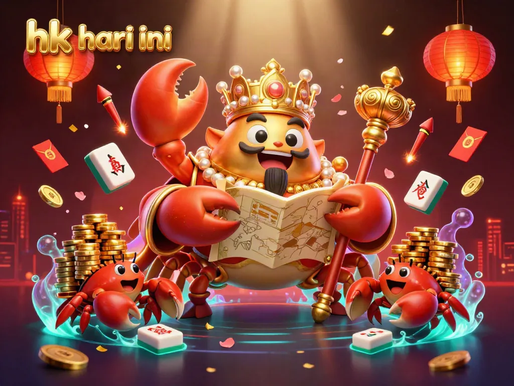 Menghadirkan hasil hk hari ini dengan ilustrasi raja kepiting emas mengagumkan dikelilingi berbagai elemen keberuntungan.