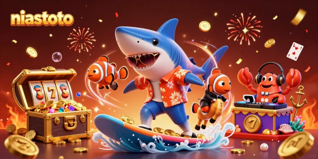 Experience the thrill of niastoto with vibrant 3D casino characters amidst a lively gaming scene.