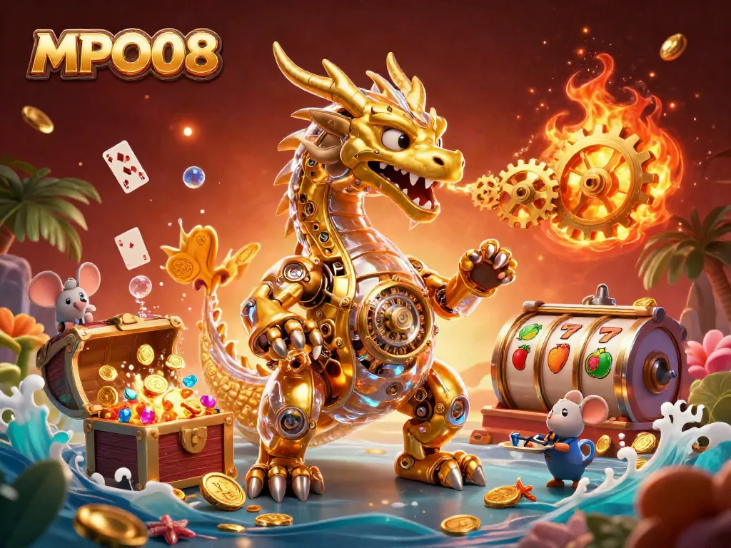 MPO08 engages gamblers with vibrant treasures in a rich 3D casino illustration showcasing slot reels and golden energy.
