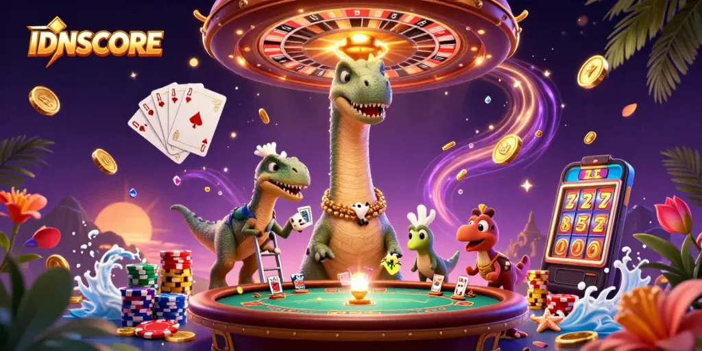 Experience the excitement of IDNSCORE with vibrant casino elements and playful characters!