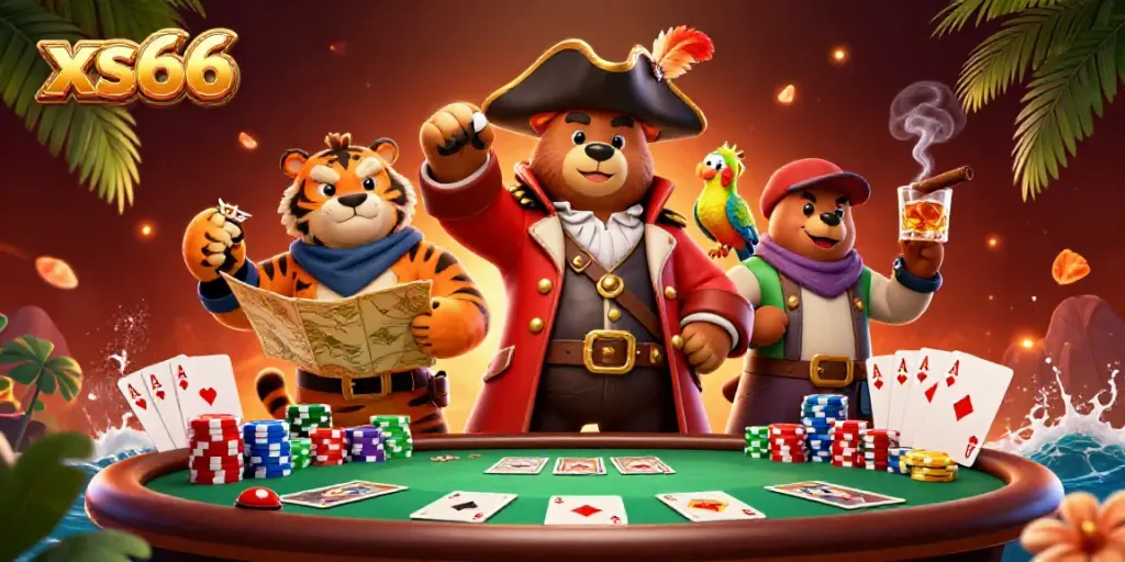 Experience the excitement of xs66 casino gaming with a vibrant pirate scene featuring characters, poker elements, and rich details.