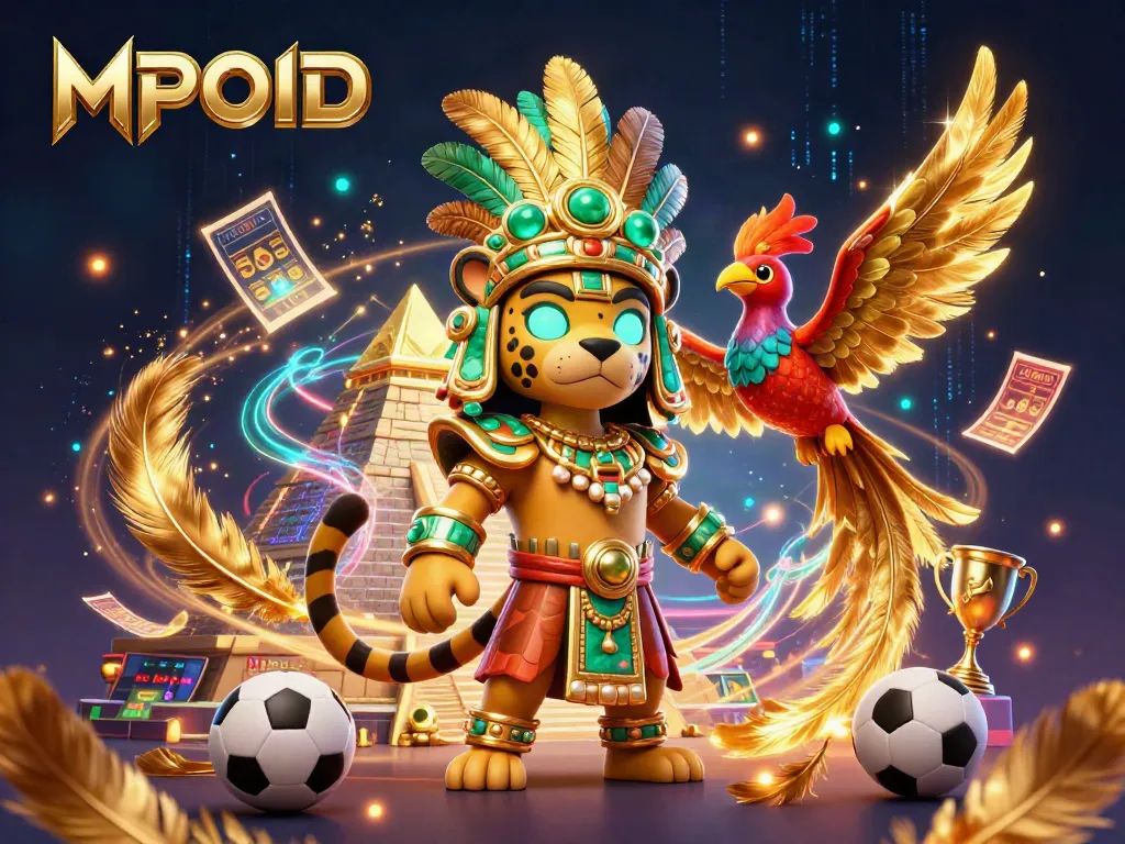 MPOID highlights thrilling sports betting action alongside a vibrant Mayan jaguar priest and quetzal bird.