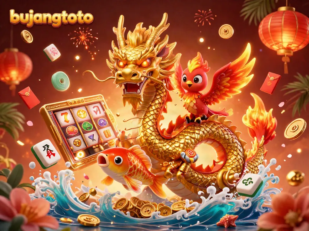 Experience the thrill of bujangtoto with a vibrant scene featuring dynamic slot elements, dragons, and fortune symbols.