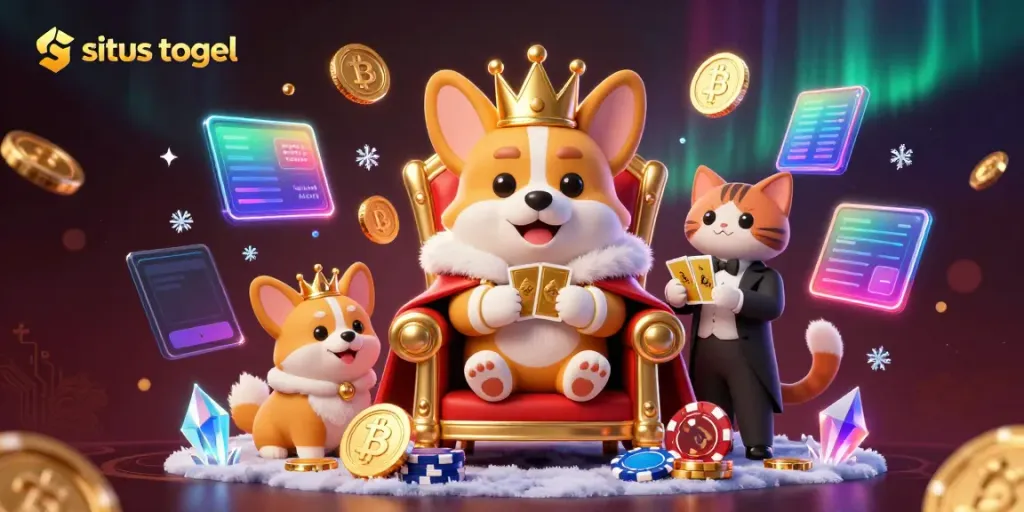 Experience the thrill of situs togel with playful corgis in a vibrant casino scene.