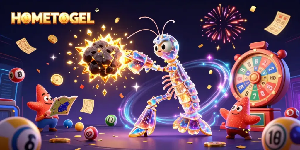 Experience gaming excitement with HOMETOGEL's vibrant 3D illustration of a galactic samurai, cosmic treasures, and lively lottery elements.