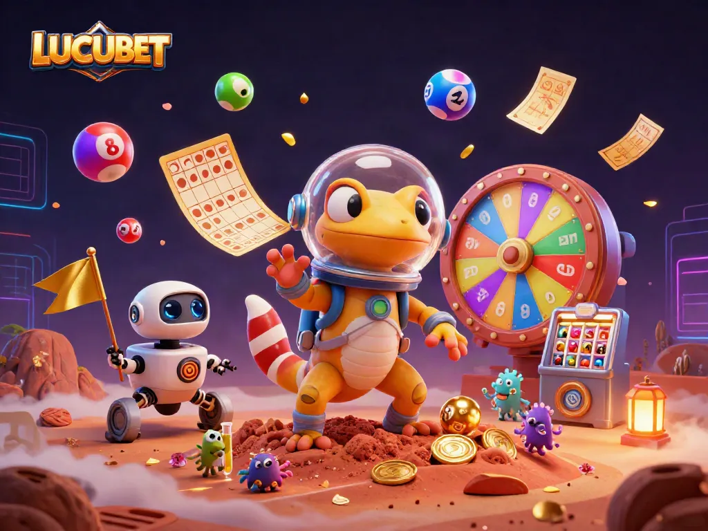 LUCUBET Martian gecko bursts into a golden casino, filled with excitement and dynamic elements.