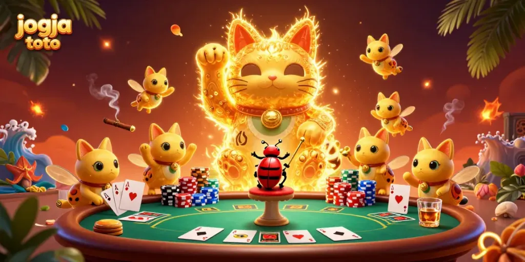 Experience exceptional gaming with jogja toto featuring a lucky cat and golden fireflies in a vibrant casino setting.