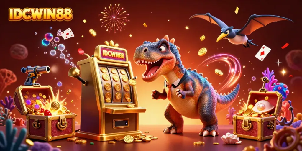 Catch golden coins at IDCWIN88 with a 3D dinosaur-themed casino illustration filled with action.