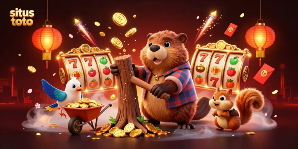 Menyaksikan situs toto saat 3D beaver memotong pohon yang hujan koin emas, dikelilingi barang judi menarik.